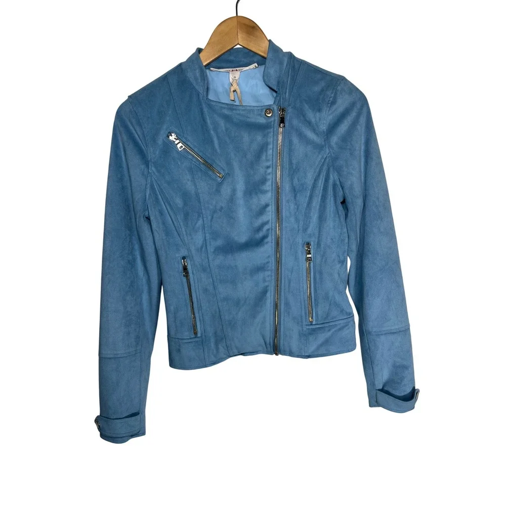 Chelsea & Violet Moto Jacket Faux Suede Small Blue Asymmetrical Zip Pocket NWT - Picture 3 of 11